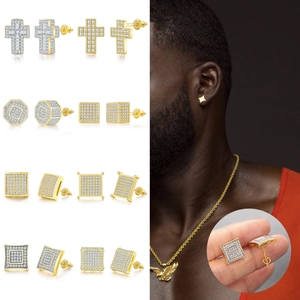 Hip Hop Iced Out Zirconia Cross Square Octagon Stud Earrings Men Copper Pavé Screw Back Earrings Geometric Jewelry Gift