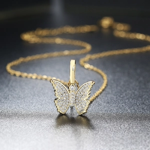 Hip Hop Kupfer Schmetterling Anhänger Halskette Für Damen Herren Zirkonia Eingelegt Edelstahl Kette Gold Silber Vergoldet Schmuck