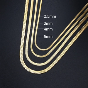 Flat herringbone chain detail showing 2.5mm to 5mm width options in gold stainless steel