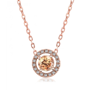 Classic rose gold necklace with a round champagne gemstone pendant and white zircon halo
