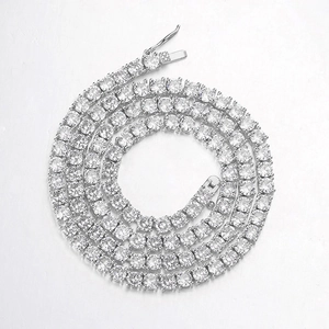 Silver tone single row tennis chain necklace with clear cubic zirconia in four-prong setting