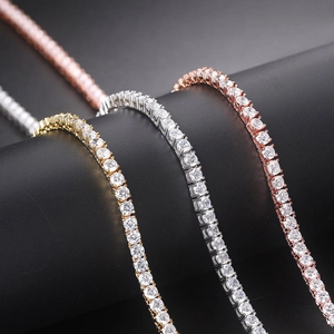 Tennis chain necklaces in gold, silver, and rose gold with sparkling round cubic zirconia