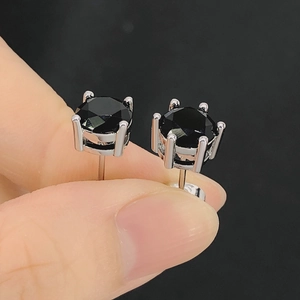 Classic round black zircon stud earrings with silver four-claw setting for men
