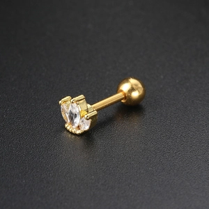 Macro shot of gold barbell earring with three marquise-cut marquise stones and screw back