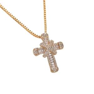 Rose gold iced out double layered cross pendant necklace with sparkling cubic zirconia crystals