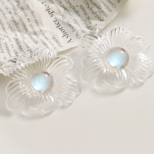 Chic transparent acrylic flower earring charms with iridescent bead center for DIY jewelry