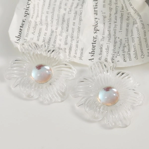 Detail of transparent acrylic flower accessories with iridescent beads and petal texture