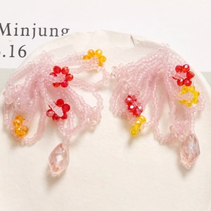 Pink handmade beaded bow earrings with crystal floral design for women fashion