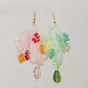 Handmade beaded flower earrings with colorful crystal drop pendants and gold hooks