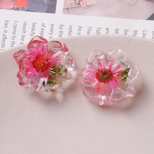 Pink resin daisy charms with real dried flowers for DIY jewelry and phone case making