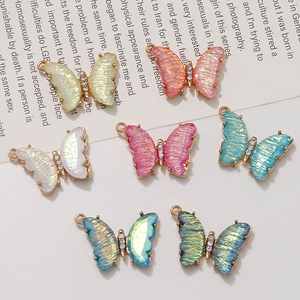 Colorful iridescent butterfly pendants with gold alloy frame and rhinestones for DIY