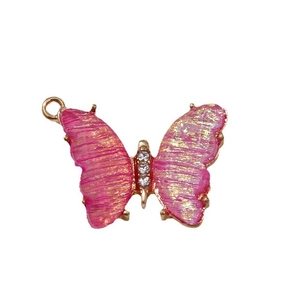 Pink enamel butterfly pendant with gold plating and crystals for DIY jewelry making