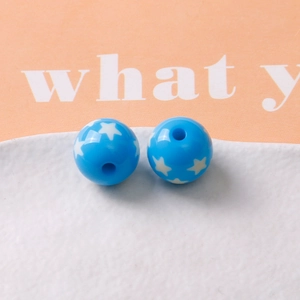 Blue resin round beads with white star pattern and center hole for DIY jewelry