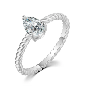 Close-up of a pear-cut cubic zirconia ring with a twisted rope textured band