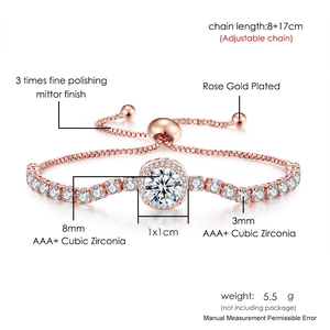 Close-up of rose gold plated bracelet with square AAA+ cubic zirconia and adjustable chain