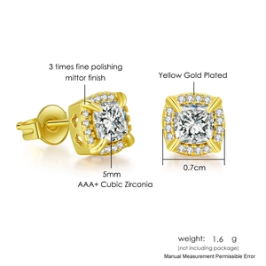 Detail of square zircon hip hop stud earrings with 18K yellow gold plating and side heart carving