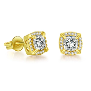 Iced-out gold hip-hop square zircon stud earrings with micro-pave stones and heart detail