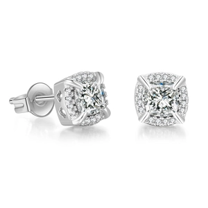 Detail view of hip hop stud earrings featuring a square zircon center and heart side cut-outs