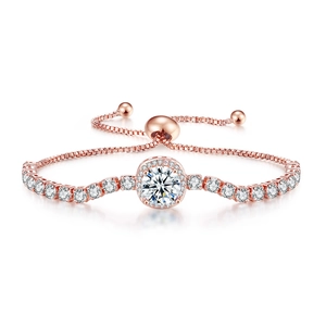Adjustable rose gold bolo bracelet with colorful zircon stone and sparkling halo setting