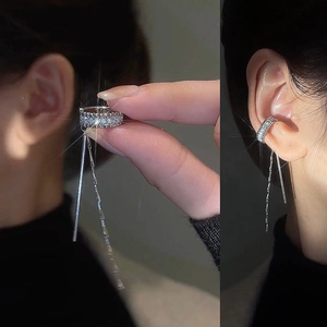Boucles d'Oreilles Clip en Cuivre avec Glands en Strass Sans Perçage pour Femmes Style Européen Ton Argent Bijoux Géométriques