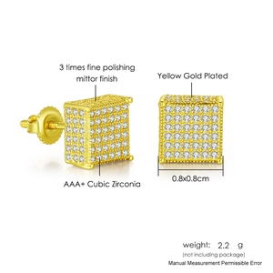 Boucles d'oreilles carrées hip hop plaquées or jaune 18 carats avec pierres en zircone AAA+