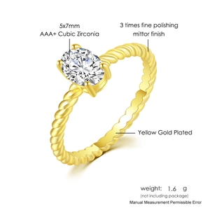 Ins style minimalist gold plated twisted rope ring with 5x7mm oval AAA+ cubic zirconia