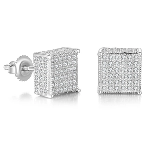 Pair of silver iced out square hip hop stud earrings with micro pave zircon stones