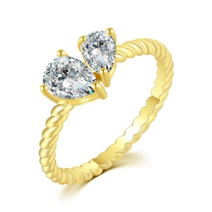 Elegant gold twisted rope ring with dual pear-cut cubic zirconia stones for women