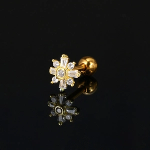 Minimalist golden flower stud earring with sparkling zircon stones and screw back closure