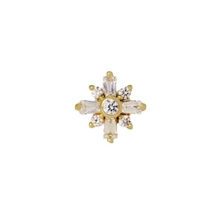 Minimalist gold star stud earring with baguette and round zircons on white background