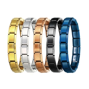 Detailed view of modular stainless steel bracelets in gold, silver, rose gold, black and blue