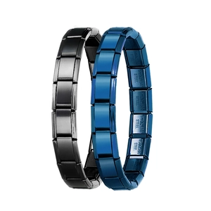 Polished black and blue 9mm modular stainless steel Italian charm bracelets on white background