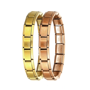 Detail view of 9mm modular stainless steel bracelets in gold and rose gold finishes