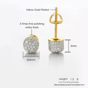 5mm Hip Hop gold plated screw back stud earrings with full micro paved cubic zirconia