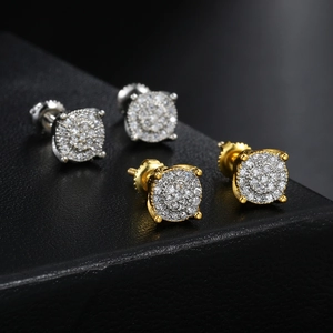 Pendientes de Botón Hip Hop Iced Out Round Cluster para Hombre Mujer Cobre Circonia Cierre de Rosca Joyería Piercing