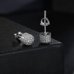 Hip hop silver dome stud earrings for men with micro-paved zircons and screw-back pins