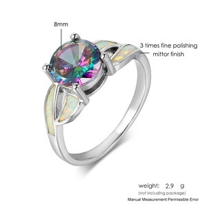 Bague plaquée argent classique avec topaze mystique de 8mm et incrustations d'opale