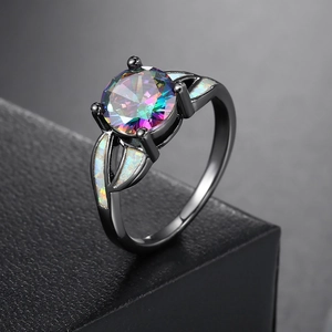 Bague en Cuivre Zirconia Arc-en-ciel Ronde Style Topaze Mystique Avec Incrustation d'Opale Artificielle Blanche Bijoux