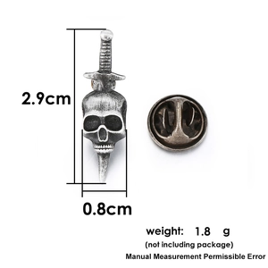 Detailed size chart for retro skull and sword brooch with height 2.9cm and width 0.8cm