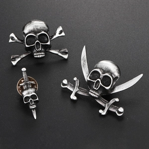 Vintage silver skull pins set including crossbones and dagger designs for biker jackets