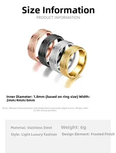 Close-up of 2mm to 6mm frosted finish stainless steel rings in four different colors