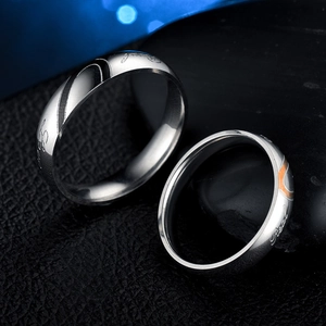 Polished stainless steel couple ring set with Real engraving and heart shaped inserts