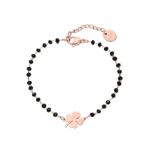 Detailed macro view of rose gold clover bracelet with black beads and S.STEEL stamp