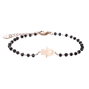 Detail of rose gold stainless steel bead bracelet with Hamsa Hand heart charm