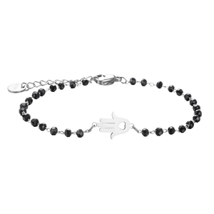 Detail of beaded bracelet with silver Hamsa Hand charm and adjustable stainless steel chain