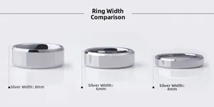 Three minimalist silver steel rings in 8mm, 6mm, and 4mm widths showing width comparison