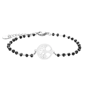 Detail of beaded bracelet showing tree of life charm and stainless steel lobster clasp