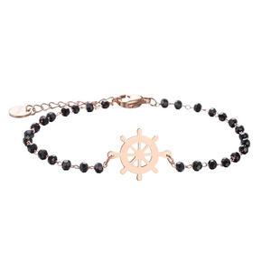 Close-up of rose gold nautical rudder charm and black faceted beads with S.Steel lobster clasp