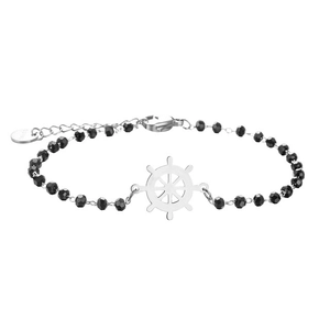 Close-up of stainless steel beaded bracelet with a helm charm and adjustable clasp