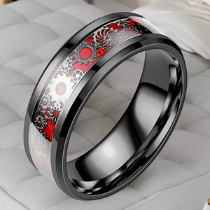 Bague steampunk en acier titane noir pour hommes avec motif d'engrenage mécanique rouge